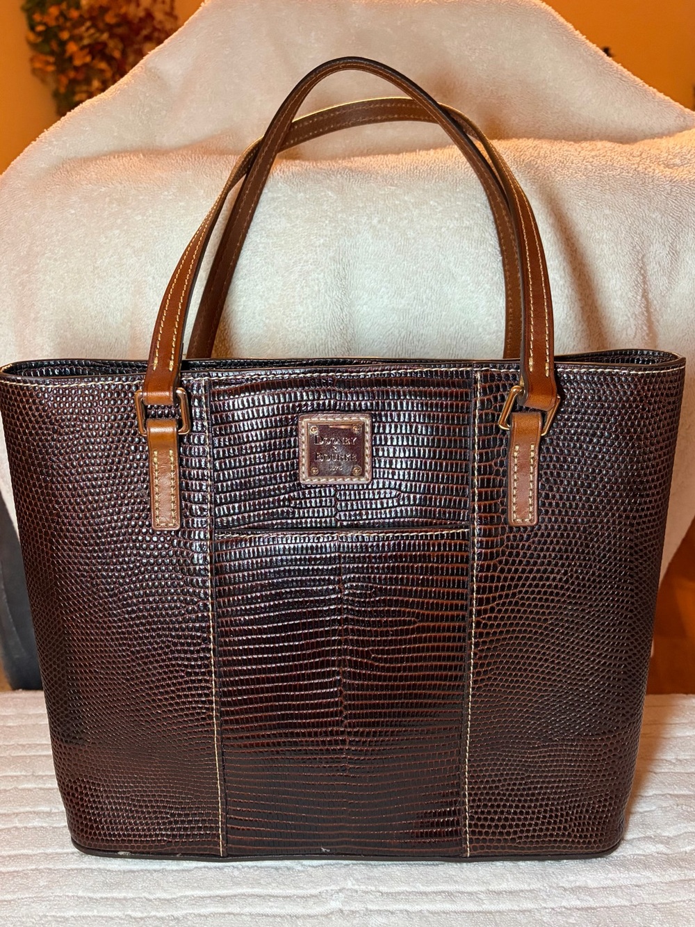 Dooney & Bourke Brown Lizard-Embossed Tote with Tan Handles